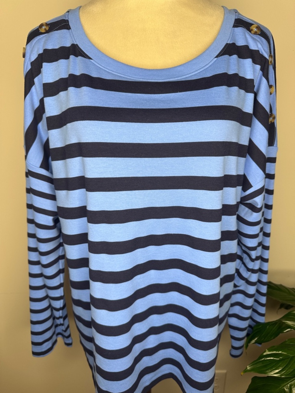 Style & Co. Blue and Navy Striped Long Sleeve Top with Shoulder Buttons